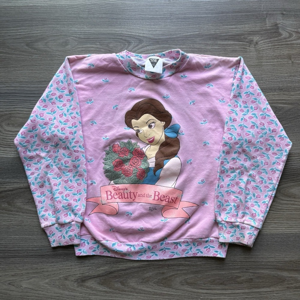 Vintage Disney Beauty & The Beast Sweatshirt Youth Kids AOP Pink Floral SSI L